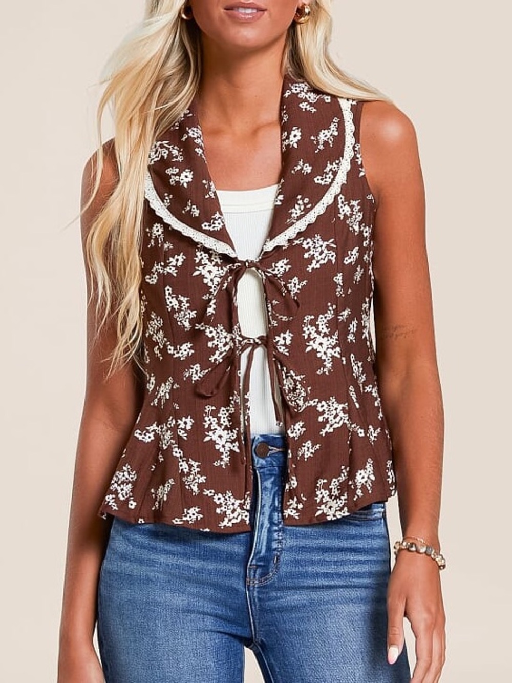 BUCKLE Brown Floral Tie Front Collared Vest Top